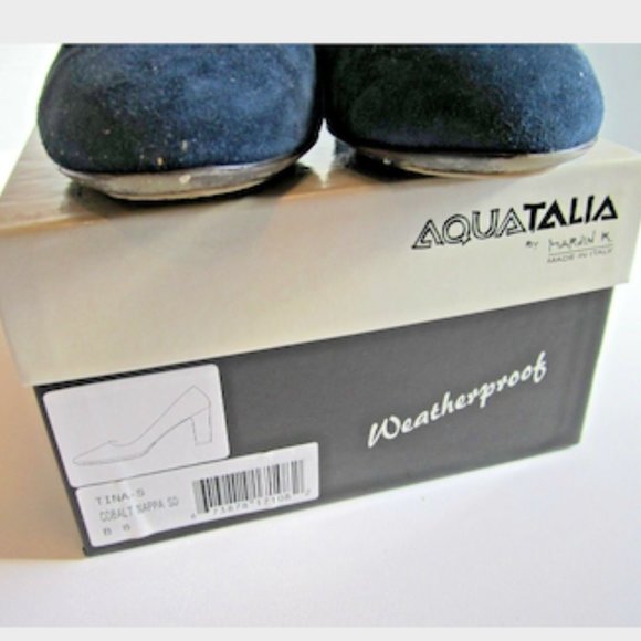 $295 Italy AQUATALIA 8 TINA navy BLUE suede HEELS PUMPS weatherproof shoes w/BOX - Picture 4 of 8